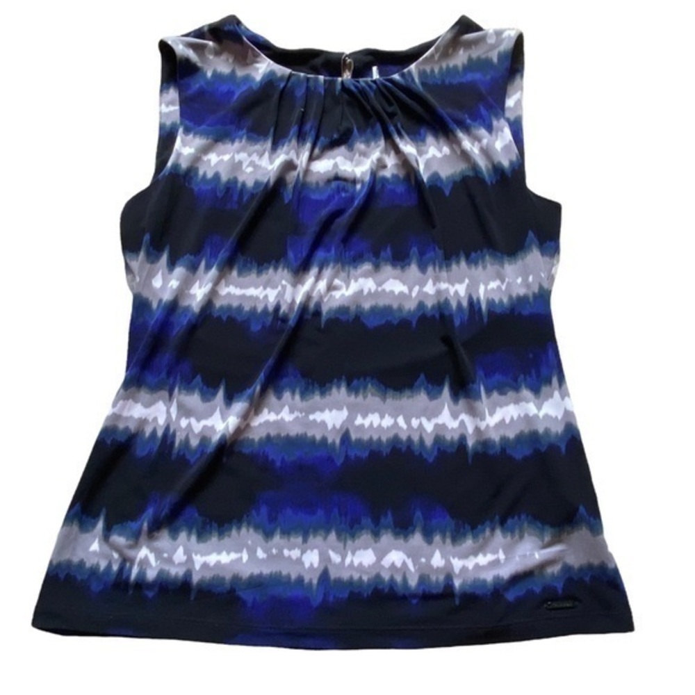 Calvin Klein Black Blue Gray White Geometric Print Scoop Neck Tank Top B…